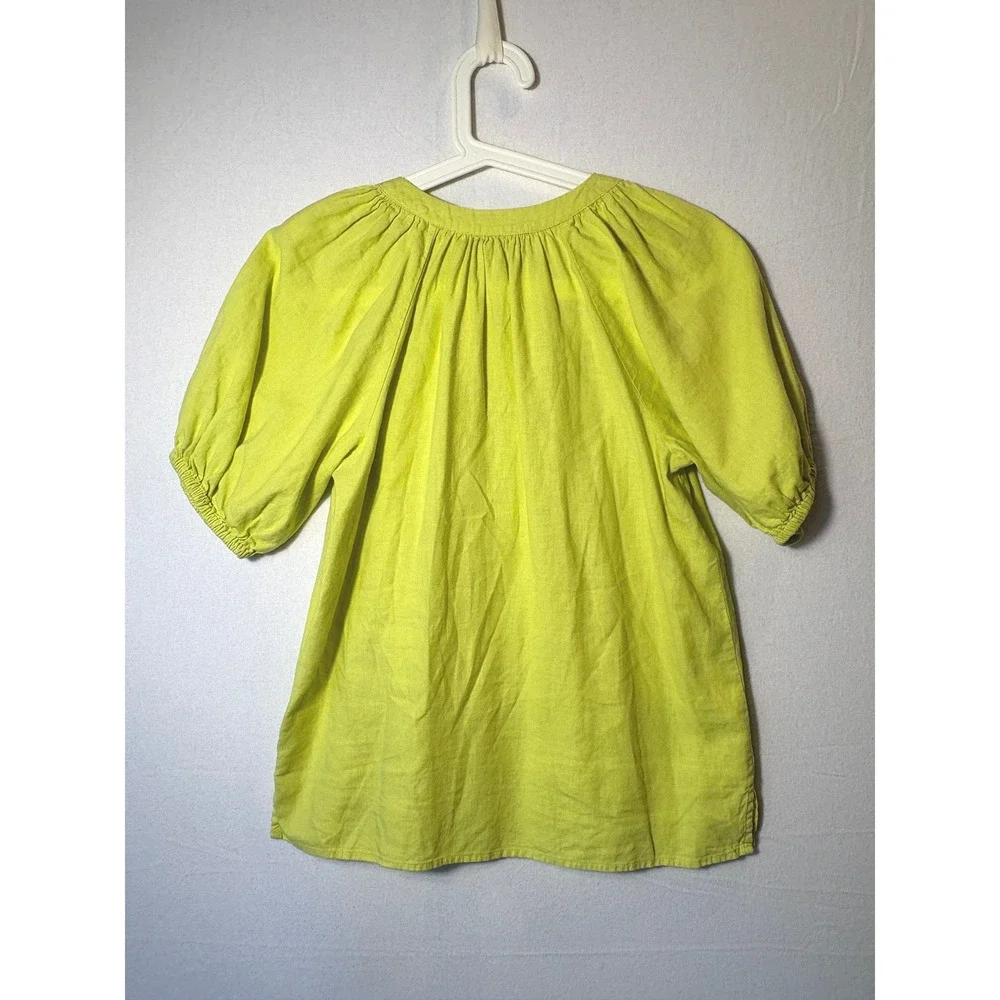 LOFT Lemon Lime Linen Blend‎ Puff Sleeve Blouse Split Neck Tie Top XS